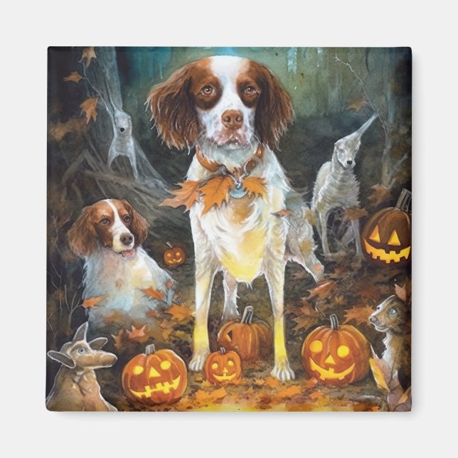 Halloween Brittany Spaniel With Pumpkins Scary Magnet (Front)