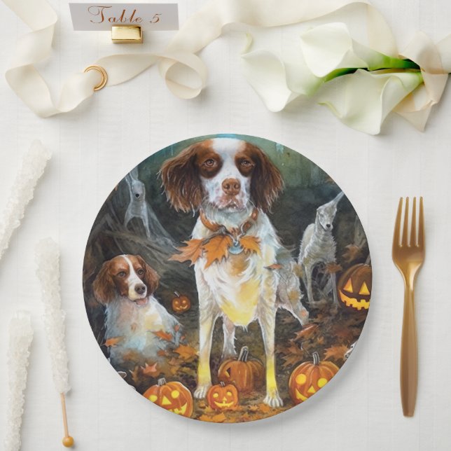 Halloween Brittany Spaniel With Pumpkins Scary Paper Plate (Wedding)