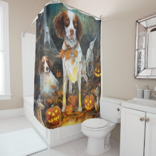 Halloween Brittany Spaniel With Pumpkins Scary Shower Curtain