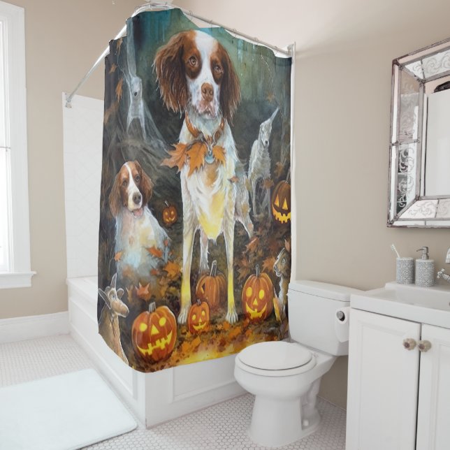 Halloween Brittany Spaniel With Pumpkins Scary Shower Curtain (In Situ)