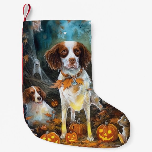 Halloween Brittany Spaniel With Pumpkins Scary Small Christmas Stocking (Front)