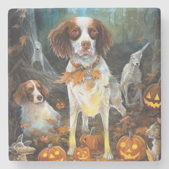 Halloween Brittany Spaniel With Pumpkins Scary Stone Coaster (Front)