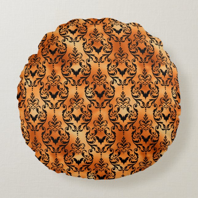 Halloween Brocade Spider Pattern Copper Black Round Cushion (Front)
