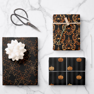 Halloween Brocade Spider Web Spooky Pumpkin Black  Wrapping Paper Sheet