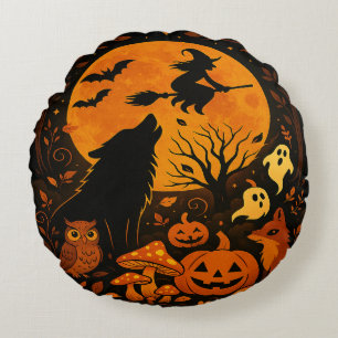Halloween Broom Flying Witch and Moon Round Cushion