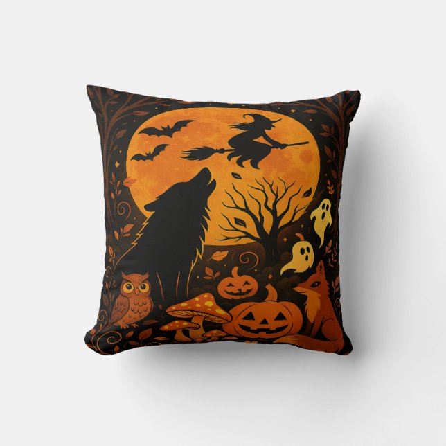 Halloween Broom Flying Witch and Moon Throw Pillow (Front)
