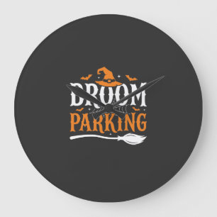 Halloween Broom Parking Witch Hat Graphic Large Clock