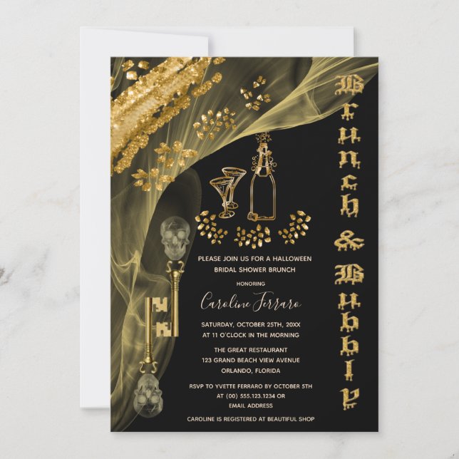 Halloween Brunch & Bubbly, Gold Skull Keys, Wine I Invitation (Front)