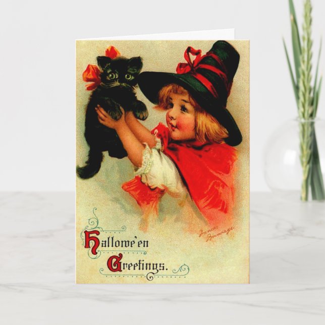 Halloween Brundage Girl with Black Hat and Cat Card (Front)