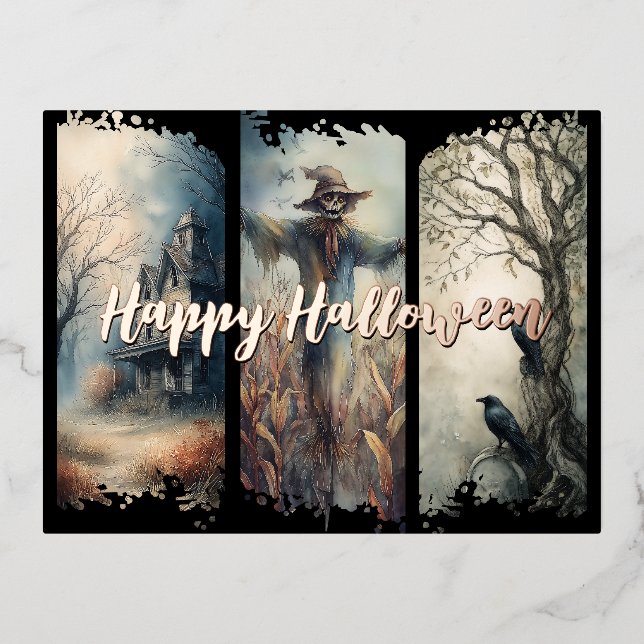 Halloween Brushstroke Triptych Foil Holiday Postcard (Front)