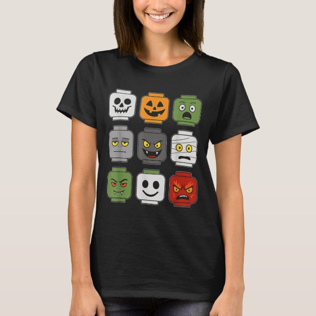 Halloween Building Brick Head Pumpkin Ghost Zombie T-Shirt (Front)