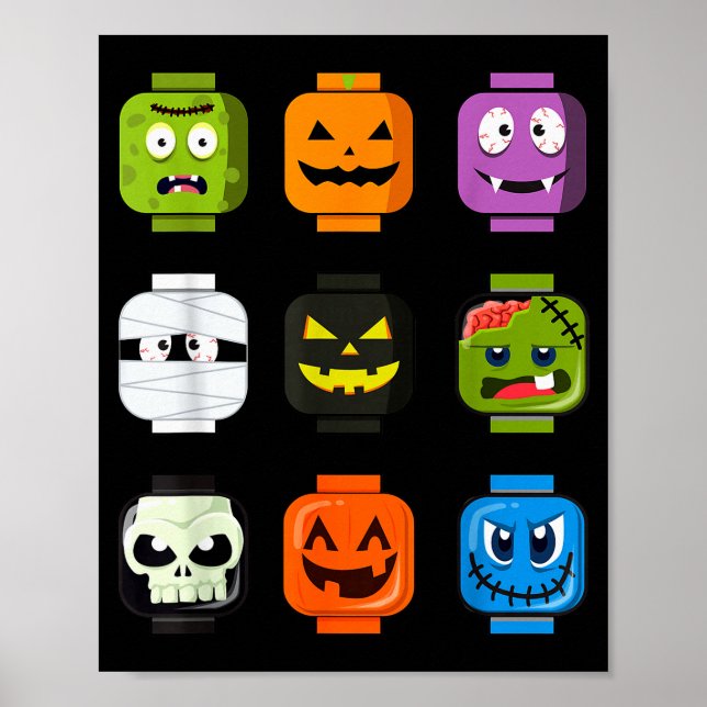 Halloween Building Brick Heads Pumpkin Zombie Ghos Poster (Front)