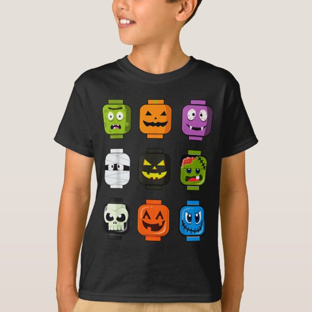Halloween Building Brick Heads Pumpkin Zombie Ghos T-Shirt (Front)
