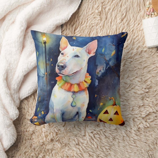Halloween Bull Terrier With Pumpkins Scary  Cushion (Blanket)