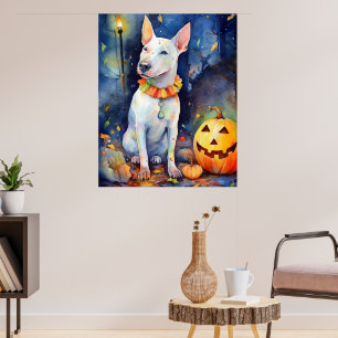 Halloween Bull Terrier With Pumpkins Scary  Poster