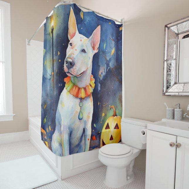 Halloween Bull Terrier With Pumpkins Scary  Shower Curtain (In Situ)