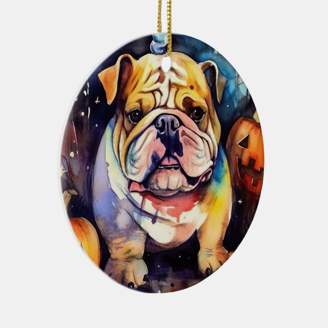 Halloween Bulldog With Pumpkins Scary Ceramic Ornament (Right)