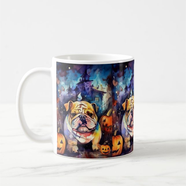 Halloween Bulldog With Pumpkins Scary Coffee Mug (Left)