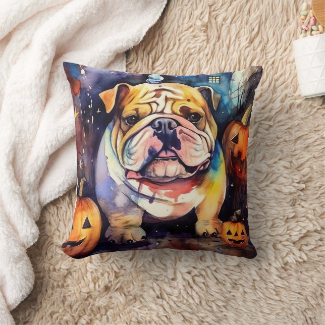 Halloween Bulldog With Pumpkins Scary Cushion (Blanket)