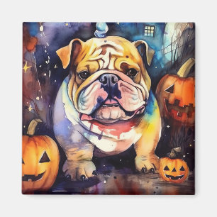 Halloween Bulldog With Pumpkins Scary Magnet
