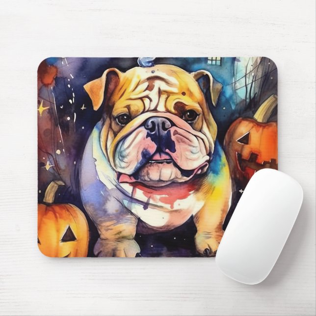 Halloween Bulldog With Pumpkins Scary Mouse Pad (With Mouse)