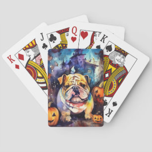 Halloween Bulldog With Pumpkins Scary Playing Cards