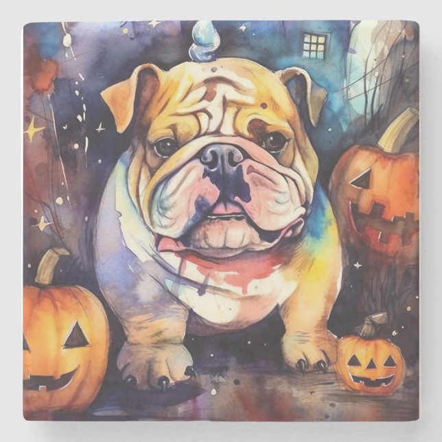 Halloween Bulldog With Pumpkins Scary Stone Coaster (Front)