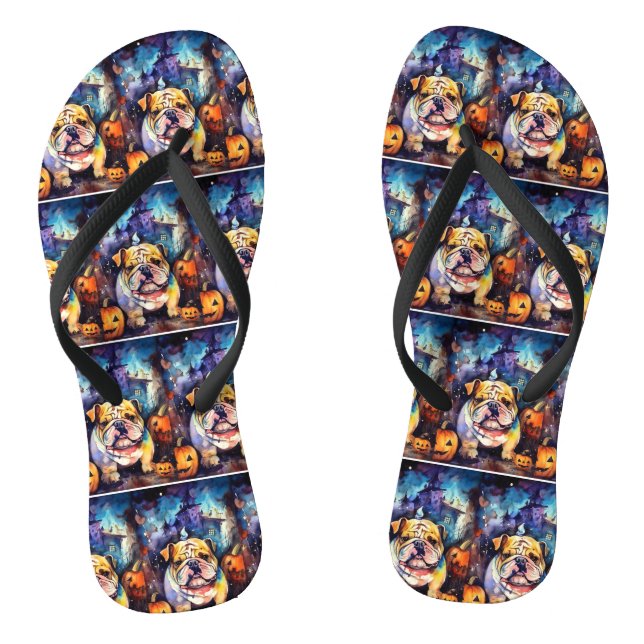 Halloween Bulldog With Pumpkins Scary Thongs (Footbed)
