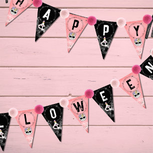 Halloween Bunting Pink & Black Skulls