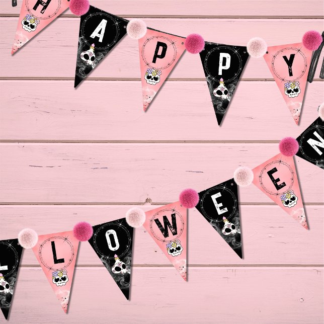 Halloween Bunting Pink & Black Skulls (“Pom poms  shown are for display inspiration only not included. Personalize with your ow add ons)