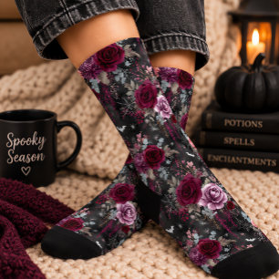 Halloween Burgundy Floral Bat Socks