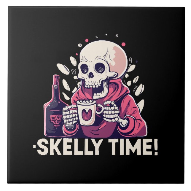 halloween but its skelly time ceramic tile (Front)