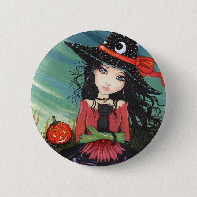 Halloween Button Pin Witch Cat Art (Front)