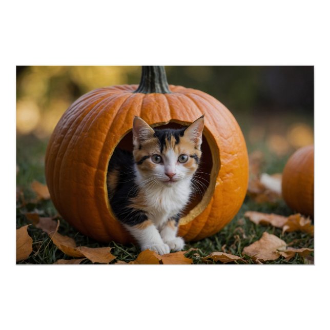 Halloween Calico Kitten Sitting in a Pumpkin  Poster (Front)