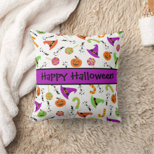 Halloween Candies Pumpkins Witch Hats Pattern Thr Cushion