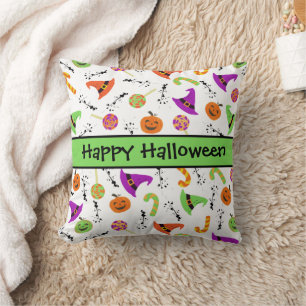 Halloween Candies Pumpkins Witch Hats Pattern Thro Cushion