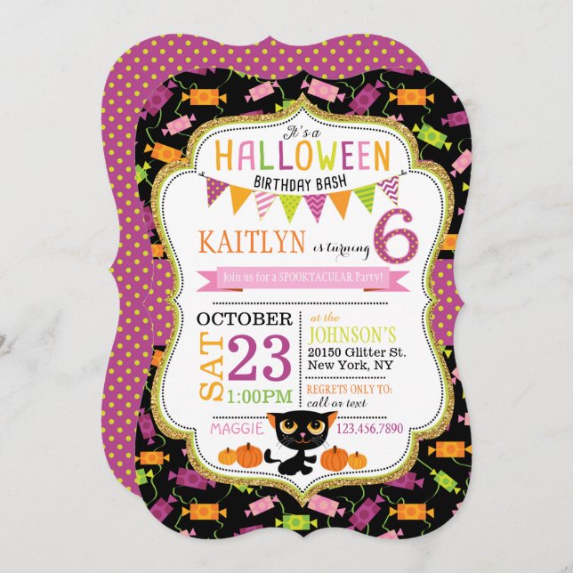 Halloween Candy Black Cat Pumpkins Birthday Invitation (Front/Back)