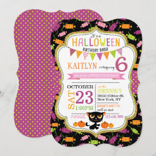 Halloween Candy Black Cat Pumpkins Birthday Invitation