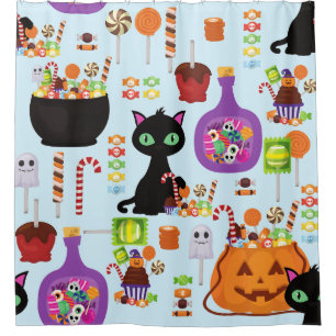halloween candy black cat sweets caramel apples shower curtain