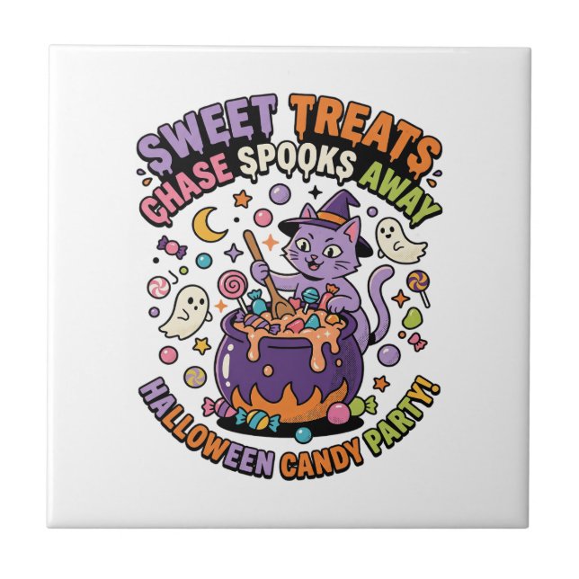 Halloween Candy Cauldron Spooky Treats Ceramic Tile (Front)