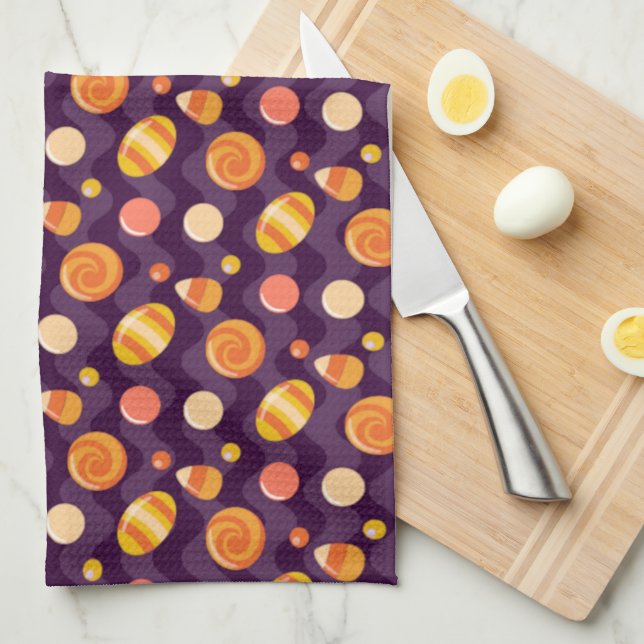 Halloween Candy Corn Candies on Purple Tea Towel (Quarter Fold)