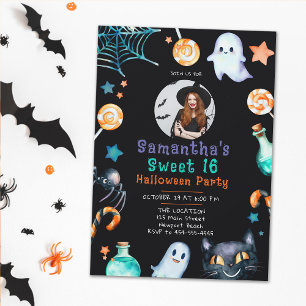 Halloween Candy Frame Ghost Black Sweet 16 Photo Invitation