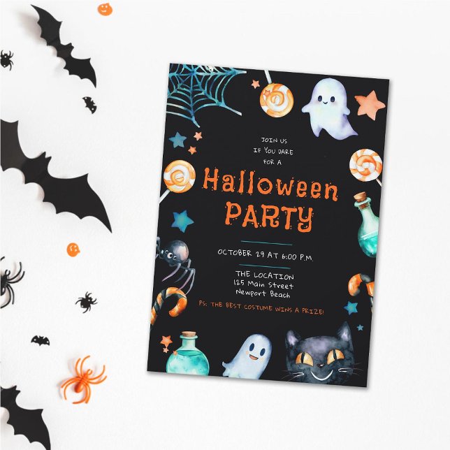 Halloween Candy Frame Ghosts Black Cat House Party Invitation (halloween family house party invitation candy frame spider ghosts cat potion black orange whimsical)