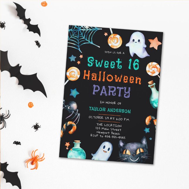 Halloween Candy Frame Ghosts Black Cat Sweet 16 Invitation (sweet 16 halloween invitation for girls candy frame ghosts black cat fun cute sweet elegant party)