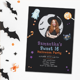 Halloween Candy Ghost Black Cat Sweet 16 Photo Invitation