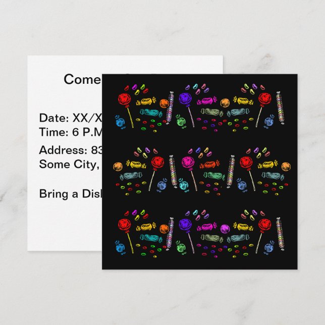 Halloween Candy Pattern Party Black Square Invitation (Front/Back)