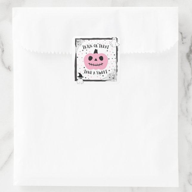 Halloween candy pink pumpkin take a sweet loot bag square sticker (Bag)