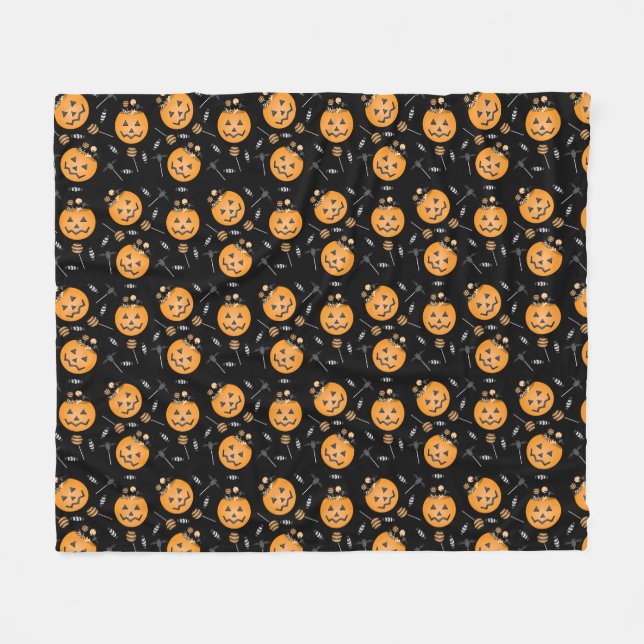 Halloween Candy Pumpkin Bucket Pattern Fleece Blanket (Front (Horizontal))