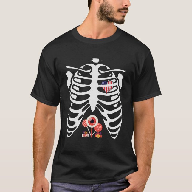 Halloween Candy Ribcage X-ray Skeleton USA Pullove T-Shirt (Front)