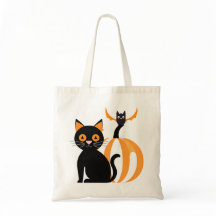 Halloween Candy Tote Bag Black Cat and Bat